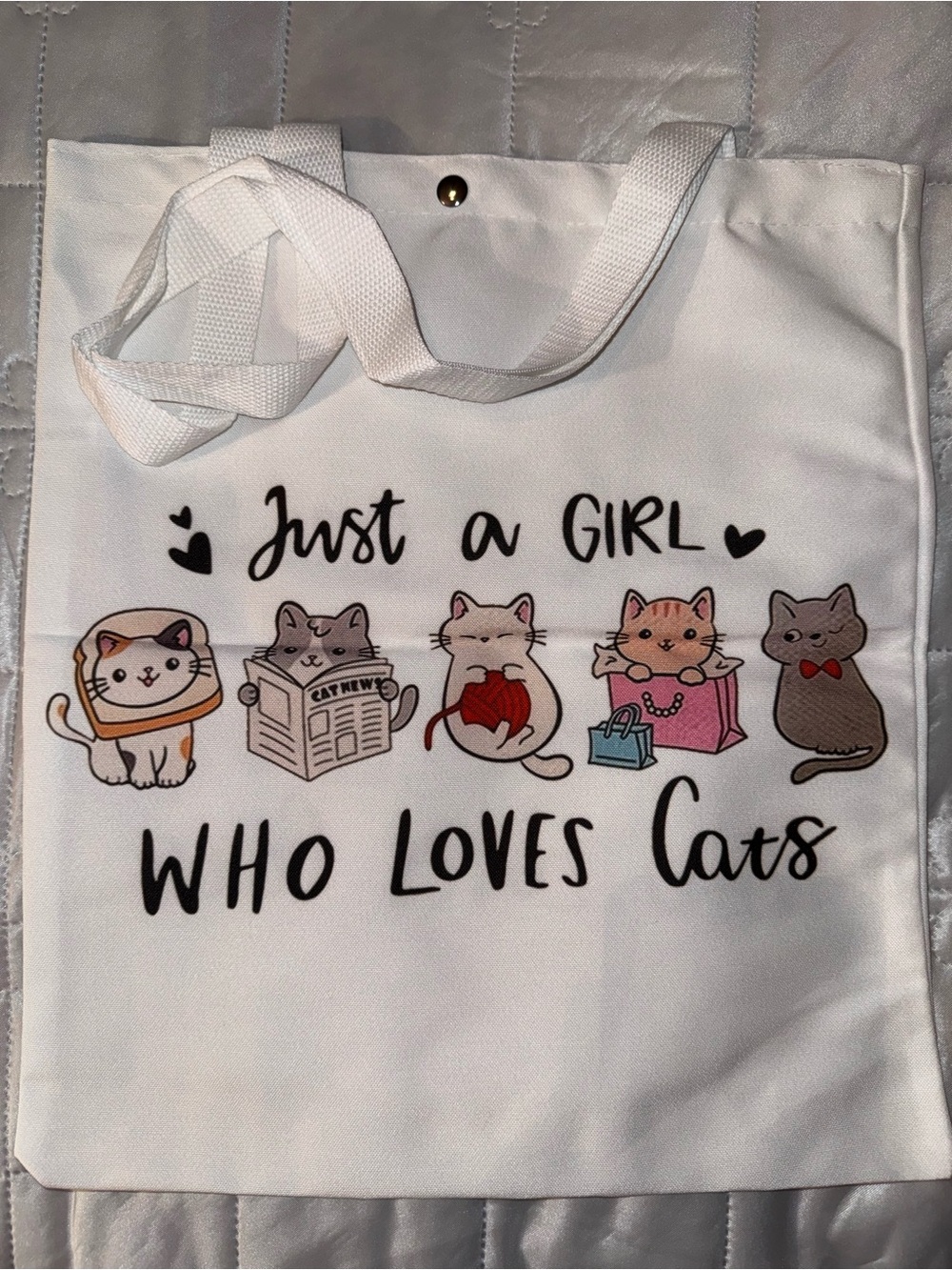 Just a Girl Who Loves Cats White Canvas Cat Tote Bag, NEW!